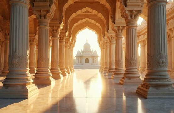 Ornate white marble temple colonnade with sunlit arches. Intricate carvings adorn massive pillars leading to a domed sanctuary facade. Peaceful Hindu architecture, spiritual ambiance.