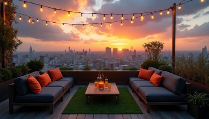 Obraz premium Modern rooftop terrace features comfortable lounge furniture with orange pillows at sunset. City skyline view glows under evening sky with hanging string lights. Outdoor patio decor creates serene