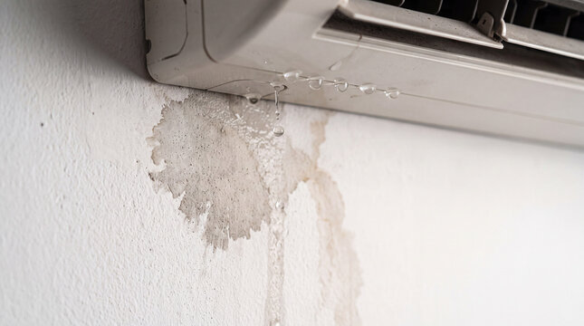 Macro Photograph of Water Stain Forming Below Leaking Indoor Air Conditioner with Glistening Droplets on Plastic Casing