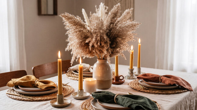 Boho style table setting with pampas grass centerpiece and beeswax candles thanksgiving