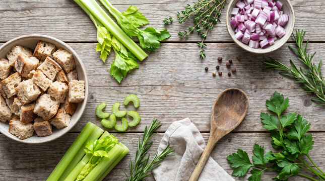 Ingredients for homemade stuffing with bread cubes, celery, herbs, and onion thanksgiving