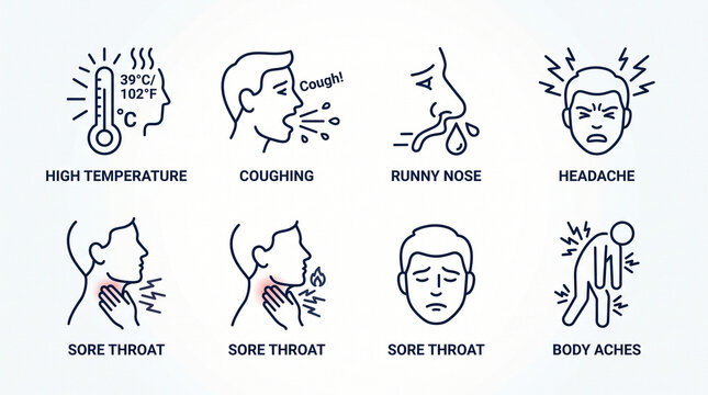 Frameless minimalist line icon set illustrating common flu, cold, and virus symptoms. Dark blue and red accent medical infographic vector featuring high temperature (39&deg;C/102&deg;F), coughing, runny nose,