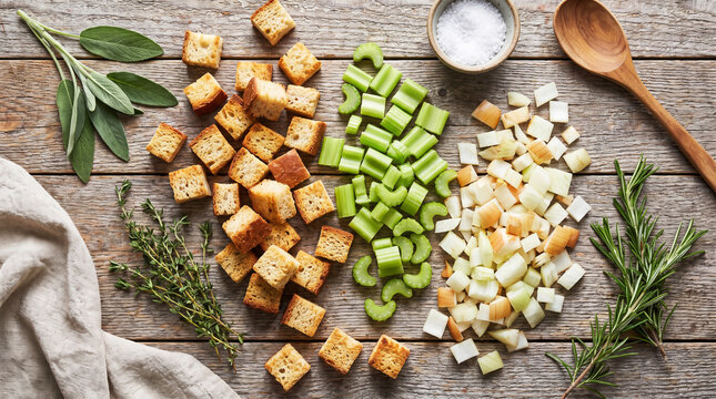 Top view of ingredients for stuffing with herbs, croutons, celery, and onion thanksgiving
