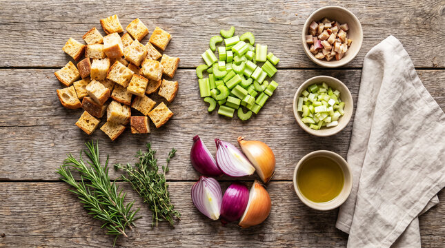 Ingredients for stuffing with bread cubes, celery, onions, herbs, and bacon thanksgiving