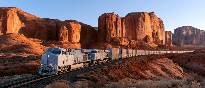 Train travels through Monument Valley at sunset in the western United States