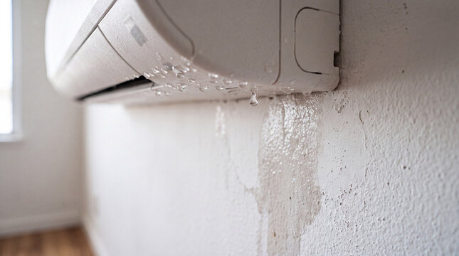 macro photograph, leaking air conditioner, water stain, white plaster wall, indoor AC unit, water droplets, glistening drops, HVAC maintenance, condensation leak, air conditioning repair, wall damage,
