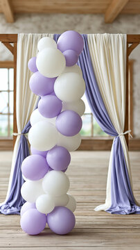Elegant indoor ceremony with purple and white balloons and draped curtains