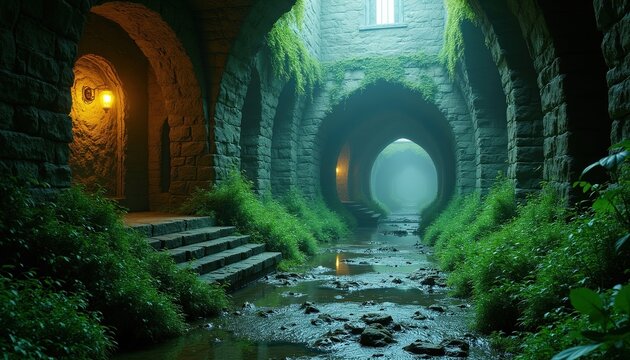 Stone tunnel with arched ceiling, flowing water stream inside ancient underground drainage system. Green plants grow on damp rock walls. Warm light glows from wall lamps in mysterious sewer passage.