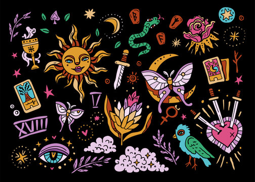 A vector set of tarot elements. Magical symbols for fortune telling, magic, predictions, and witchcraft. A mystical collection of Arcana symbols: the jester, crown, heart, and sword.