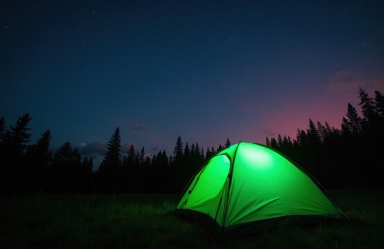 Green tent glows at night in pine forest under starry sky. Illuminated camping gear stands on meadow during dusk. Travel adventure brings peace in nature outdoors. Lonely camper rests away from city