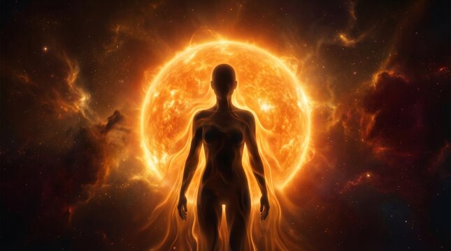 Mystical silhouette of human form against glowing sun in cosmic space