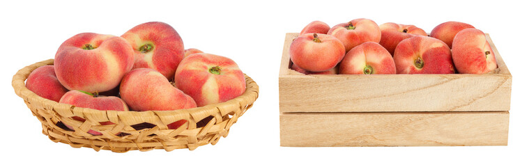 chinese flat donut peaches in a wicker basket and wooden box isolated on white background © kolesnikovserg