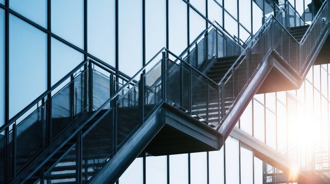 Modern metal staircase ascends against a glass building facade with sunlight