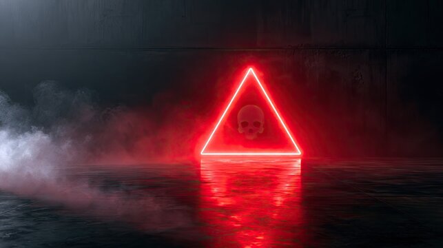 A glowing red triangle with a skull motif illuminates a smoky, dark room