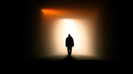 Fototapeta premium Solitary figure emerges from blinding light into profound darkness