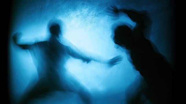 Silhouetted figures in motion, blurred blue light, conveying struggle