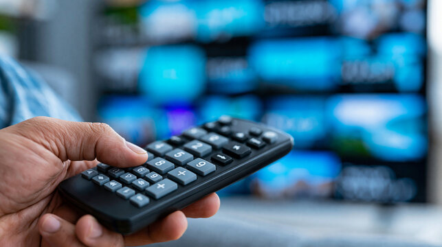Person's hand operating a remote control in front of a blurred TV showing streaming options, home entertainment, digital media , with copy space