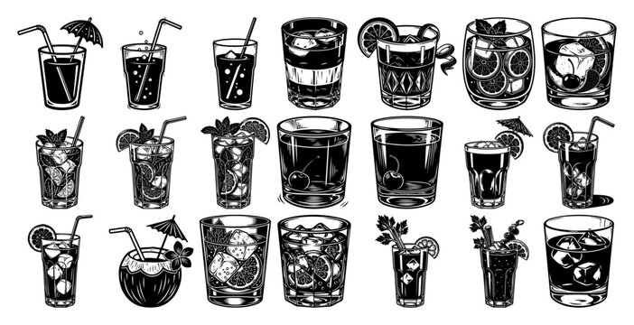 Large Collection of Various Cocktails and Mixed Drinks, Beverage Icon Set for Bar and Restaurant Menu Design
