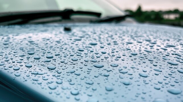 Tiny water droplets adorn a light blue vehicle's hood after rain