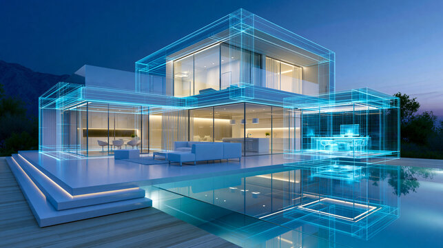 Futuristic wireframe blueprint of a modern villa with pool reflection at night, architectural design, smart home technology, real estate , with copy space