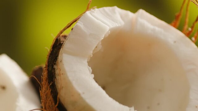 Coconut, Fresh whole and halved coconut isolated on a white background. Tropical exotic fruit with natural brown shell and white flesh. Healthy organic food, vegan ingredient, summer, close-up.