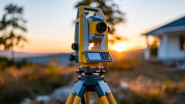 Yellow total station surveying instrument on a tripod at golden sunset, land surveying, civil engineering, infrastructure development , with copy space