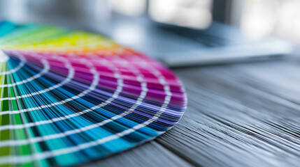 Fototapeta premium Close-up of colorful fan-shaped color palette swatches on a table, graphic design, corporate brand identity , with copy space