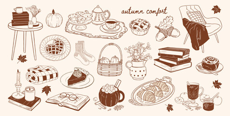 Hand drawn doodle vector illustration set of cozy autumn comfort elements featuring armchair, books, hot drinks, seasonal pastries, pumpkins, candles, blankets, socks, fall foliage, home decor. © Meryama