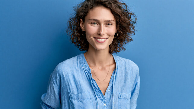 Smiling woman with curly hair on a transparent background, business portrait, corporate communication , with copy space