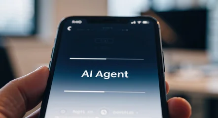 AI Agent text on a smartphone screen. Person holding a mobile phone with an artificial intelligence application © scaliger
