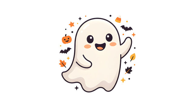 Cute friendly ghost with happy expression, premium flat vector illustration, modern Halloween style, isolated on white background