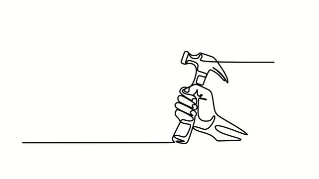 Continuous one line drawing animation of hand holding hammer, construction and carpentry tool concept