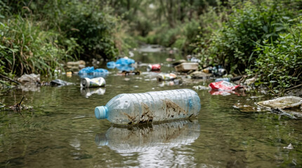 Naklejka premium Plastic waste floating in polluted freshwater stream surrounded by natural vegetation highlighting water pollution, environmental contamination, ecosystem damage, waste management and conservation