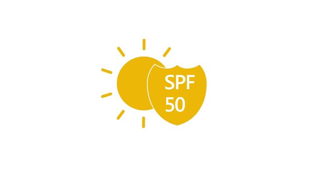 Yellow Sun Protection Shield SPF 50 Icon Animation Sunscreen UV Defense Loop Isolated on White Background Motion Graphic