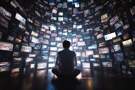 Man sitting surrounded by multitude of television screens concept of information overload media