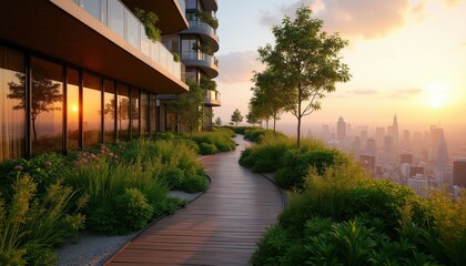 Obraz premium Modern rooftop garden terrace on skyscraper building during sunset. Wooden path walkway winds through green plants, trees overlooking city skyline. Urban apartment development with eco friendly