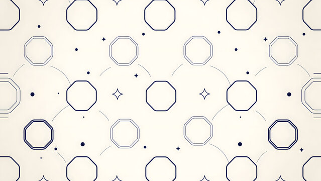 Geometric pattern with dark blue octagons and stars on cream background, isolated on a, transparent background