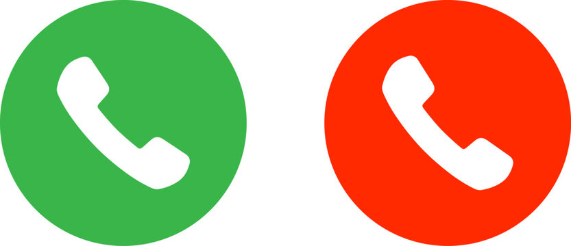 Accept and decline call buttons. Green and red phone icons for mobile interface design.