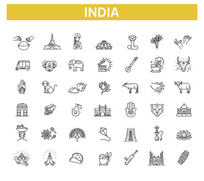 India icons set. Indian attractions, line design