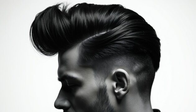 Close up profile view of young man with stylish pompadour hair. Black, white portrait of male model showing trendy groomed haircut with fade sides. Person with masculine facial features wears classic