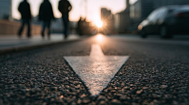 Sunlit arrow on asphalt leads towards distant, silhouetted figures