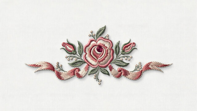 Embroidered rose flower ornament with decorative ribbon scrolls isolated on a transparent background