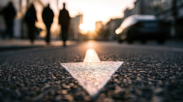 Low angle view of a white directional arrow on asphalt, with silhouetted figures and sunlit urban background