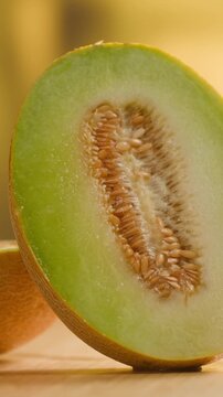 Melon close up, man cutting Watercolor of a whole melon and slice, summer juicy fruit