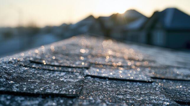 Shingles glisten with morning frost under a soft, hazy sunrise