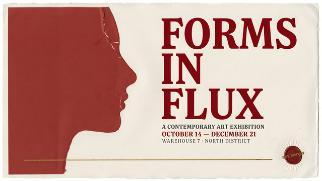 Forms in flux contemporary exhibition poster with profile silhouette isolated on a transparent background