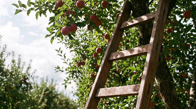 Wooden ladder leaning against apple tree with ripe fruit  