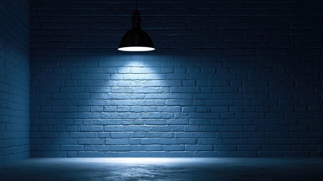 Dimly lit corner of a room with textured brick wall and overhead lamp
