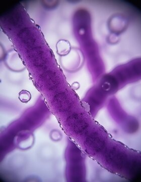 Purple bacilli bacteria magnified under laboratory microscope. Microorganism cells observed in clinical study show rod shape structure. Scientific research explores infectious pathogens, microbial