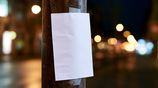 Blank white paper on wooden post at night with bokeh city lights, perfect for message, advertisement, or lost pet flyer